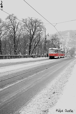 red tram in the snow